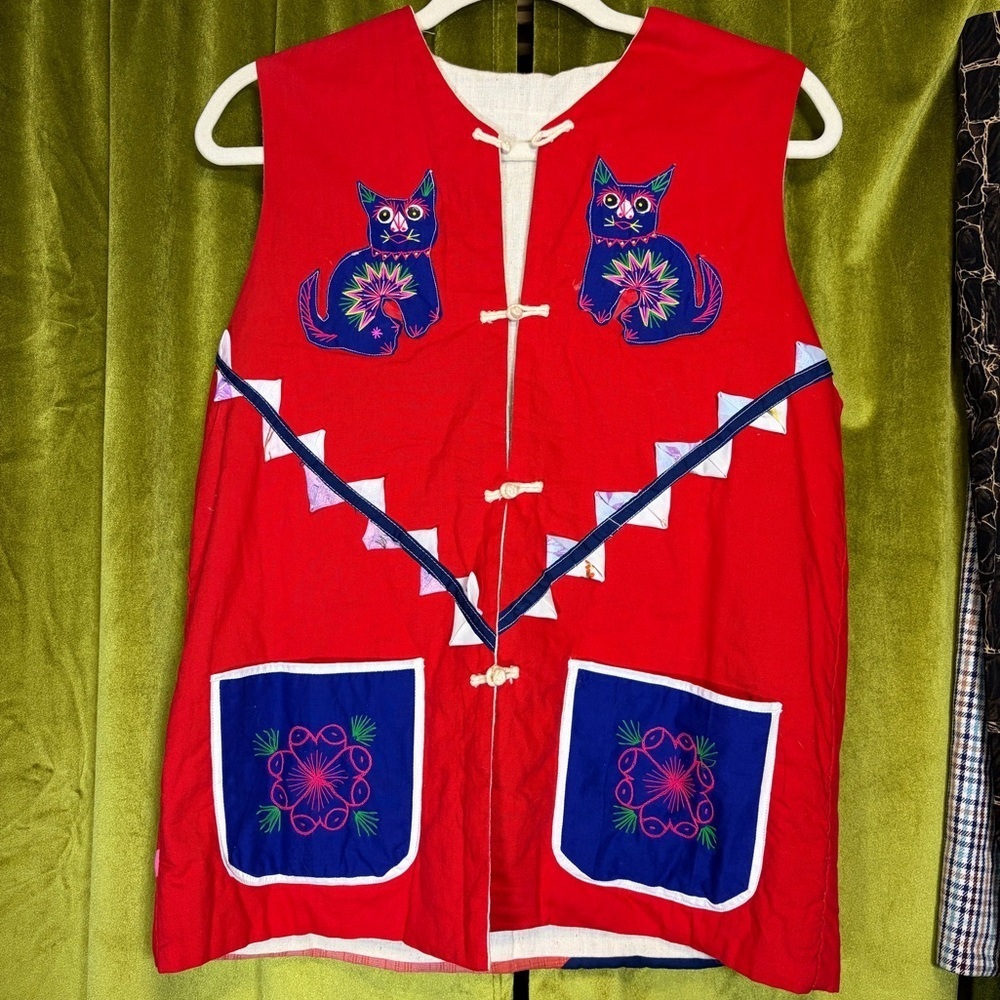 Vintage 1970s Handmade Red Chinese Folk Art Vest with Cats, Snakes & Frogs.